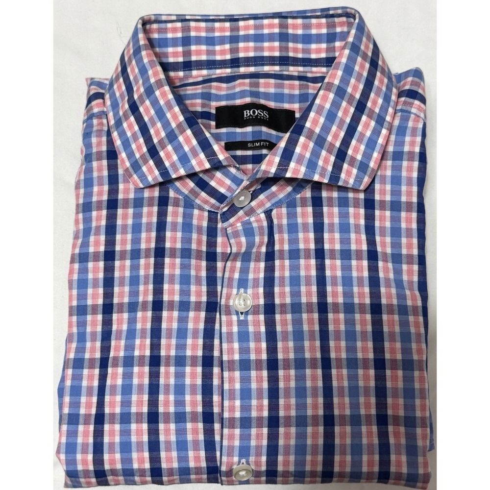 Hugo Boss Men's Blue/Pink Checked Slim Fit Long Sleeve Shirt Size 41 / 16